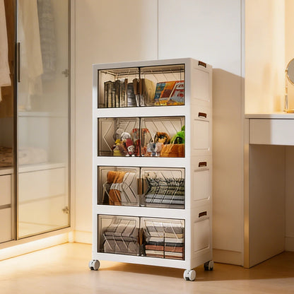 4-Tier Folding Storage Boxes with Doors & Wheels — Stackable Plastic Organizer Cabinet