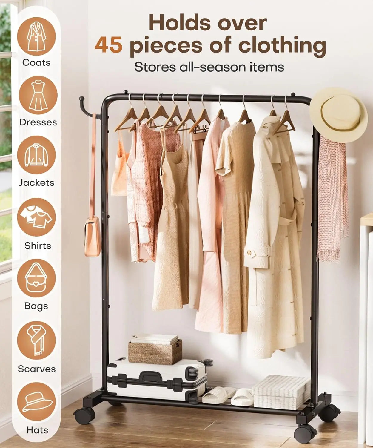 Portable Rolling Clothes Rack with Hooks — 32" Foldable Garment Organizer on Wheels