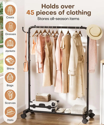 Portable Rolling Clothes Rack with Hooks — 32" Foldable Garment Organizer on Wheels