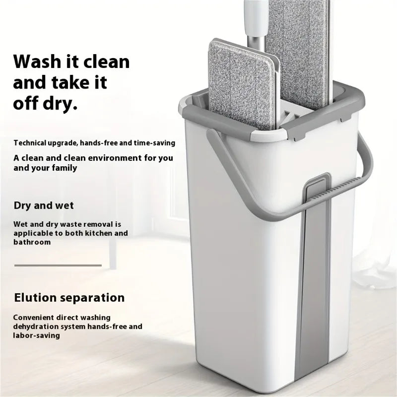 Hands-Free Flat Mop and Bucket Set — 360° Swivel, Long Handle with 4 Reusable Microfiber Pads