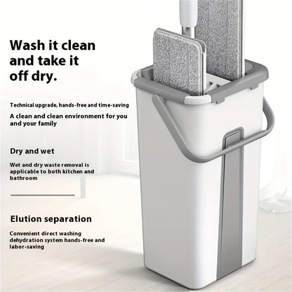 Hands-Free Flat Mop and Bucket Set — 360° Swivel, Long Handle with 4 Reusable Microfiber Pads