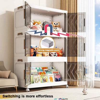 4-Tier Folding Storage Boxes with Doors & Wheels — Stackable Plastic Organizer Cabinet