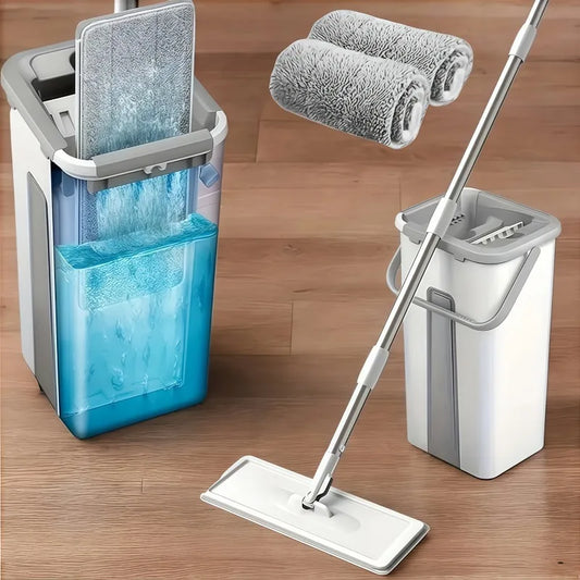 Hands-Free Flat Mop and Bucket Set — 360° Swivel, Long Handle with 4 Reusable Microfiber Pads
