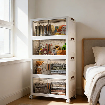 4-Tier Folding Storage Boxes with Doors & Wheels — Stackable Plastic Organizer Cabinet