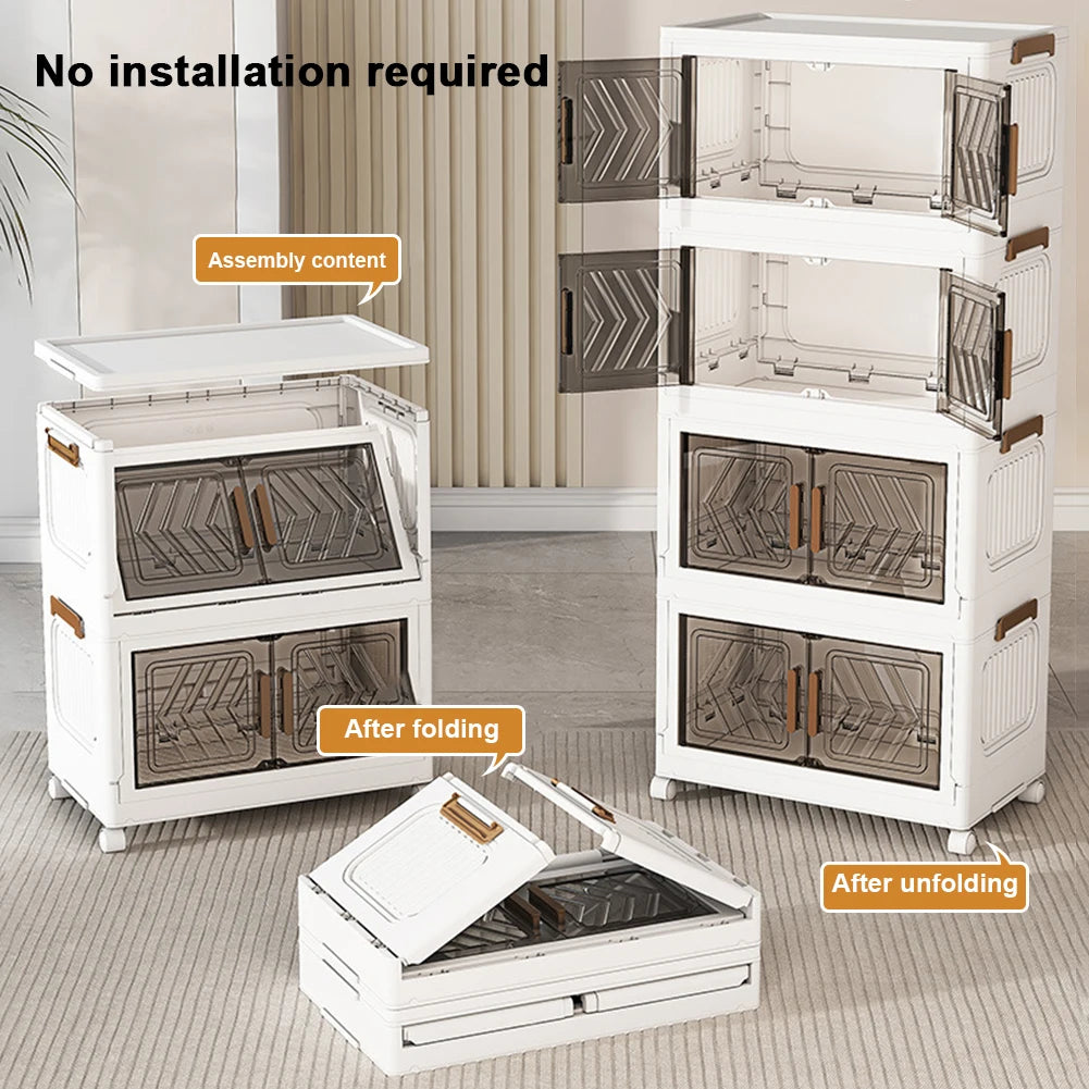 4-Tier Folding Storage Boxes with Doors & Wheels — Stackable Plastic Organizer Cabinet
