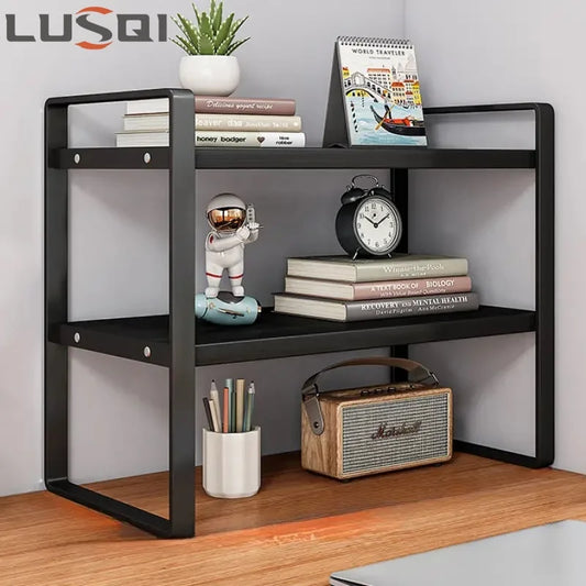 LUSQI 2-Tier Desktop Bookshelf — Student Desk Shelf Rack for Office, Computer Desk & Home