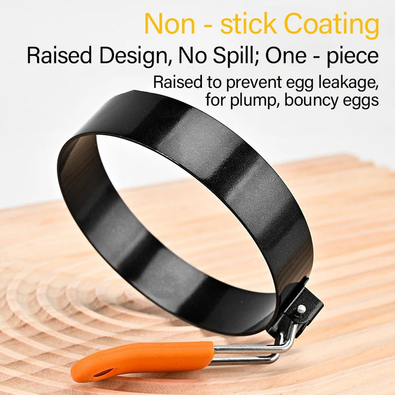 Stainless Steel Fried Egg Ring Mold — Heat-Resistant Silicone Handle & Non-Stick Egg Shaper