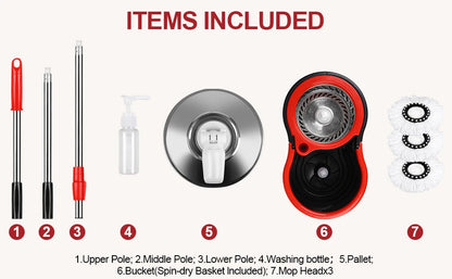 Spin Mop and Bucket Set — 61" Extendable Handle, Stainless Steel Basket & 3 Microfiber Heads