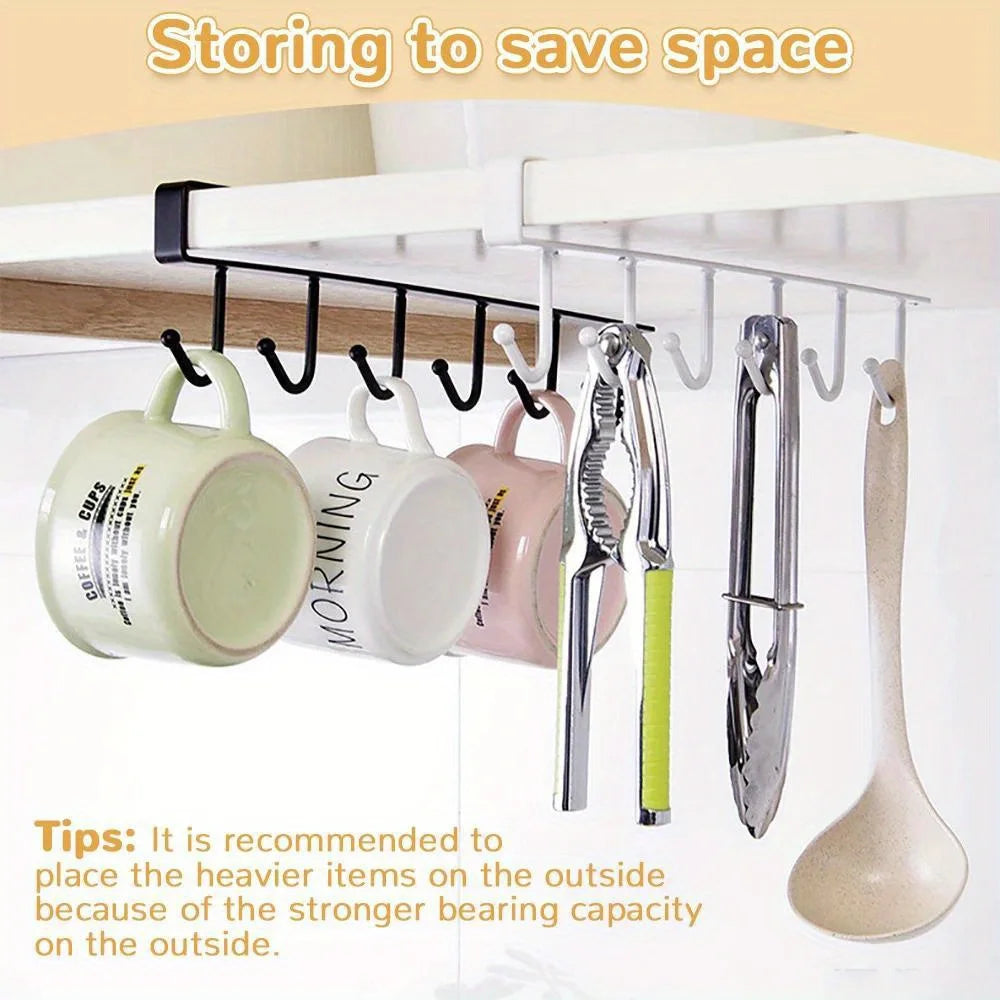 6-Hook Stainless Steel Mug and Cup Holder Rack — Under Cabinet Kitchen Organizer