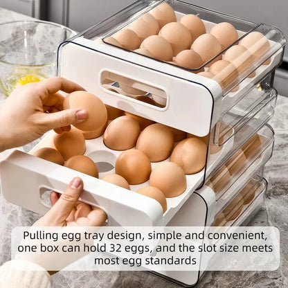 Drawer-Style Refrigerator Egg Organizer — Double Layer, 32 Compartments