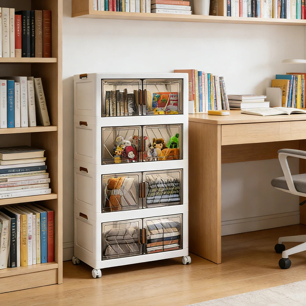 4-Tier Folding Storage Boxes with Doors & Wheels — Stackable Plastic Organizer Cabinet
