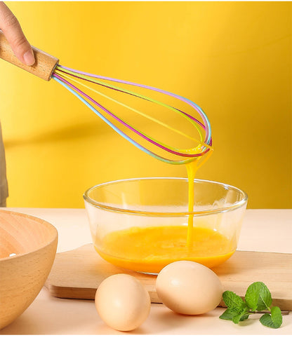 Silicone Manual Egg Beater with Wooden Handle — 10-Inch Non-Scratch Whisk for Baking & Cooking