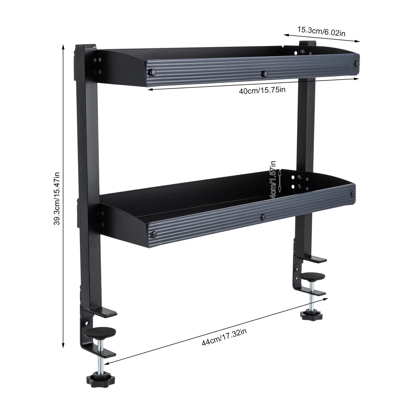 2-Tier Clamp-On Desk Shelf — Above or Under Table Corner Organizer, Black