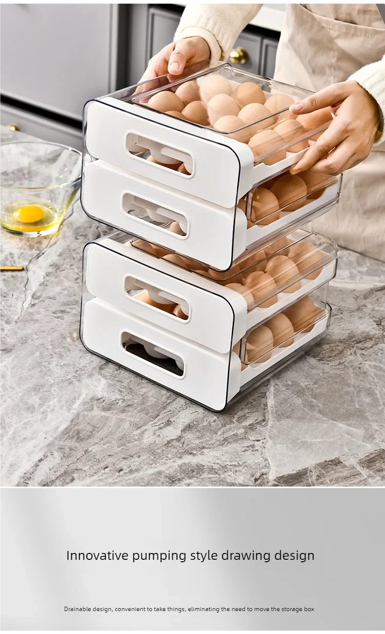 Drawer-Style Refrigerator Egg Organizer — Double Layer, 32 Compartments