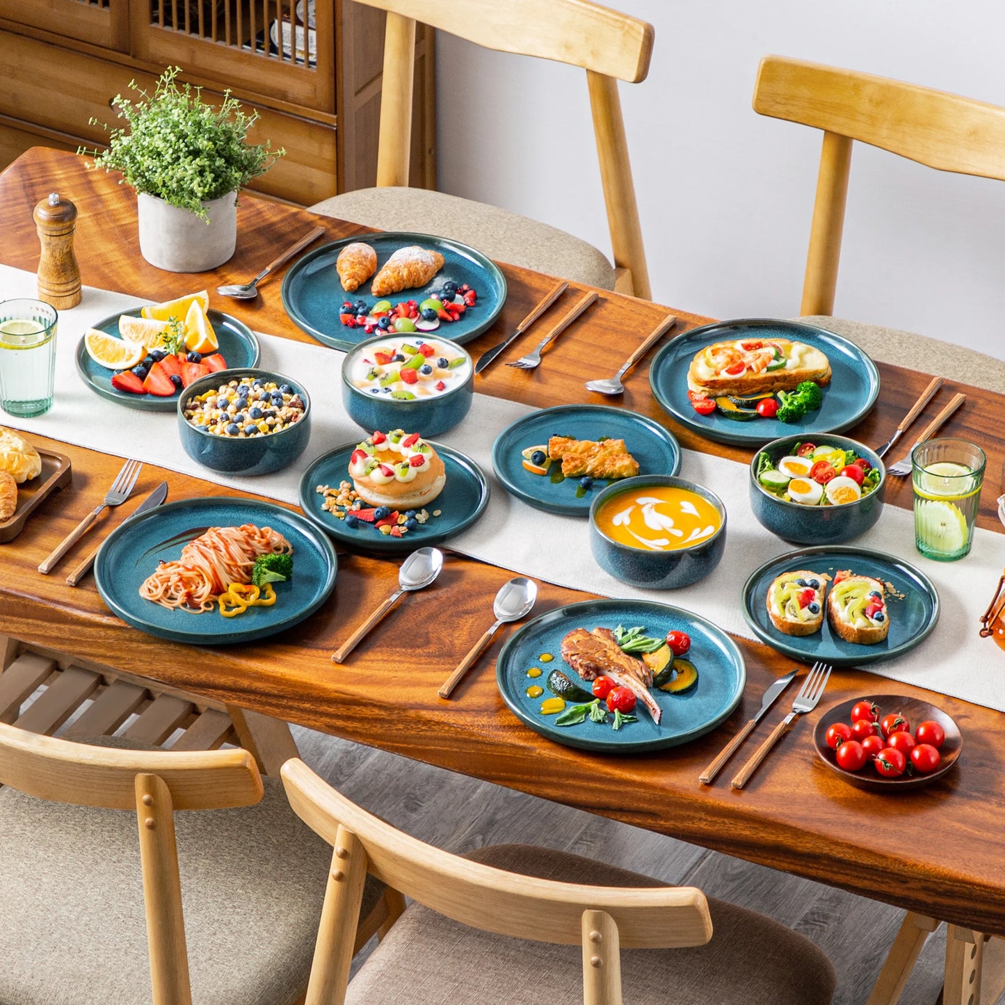 Blue Ceramic Dinnerware Set — 18 or 36 Piece Reactive Glaze Plates, Bowls & Dessert Set