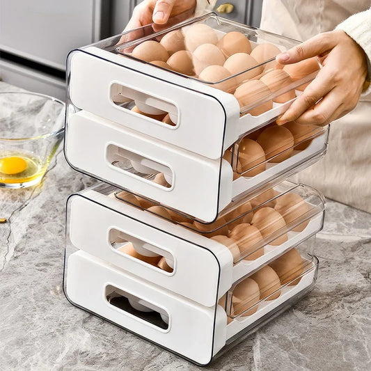 Drawer-Style Refrigerator Egg Organizer — Double Layer, 32 Compartments