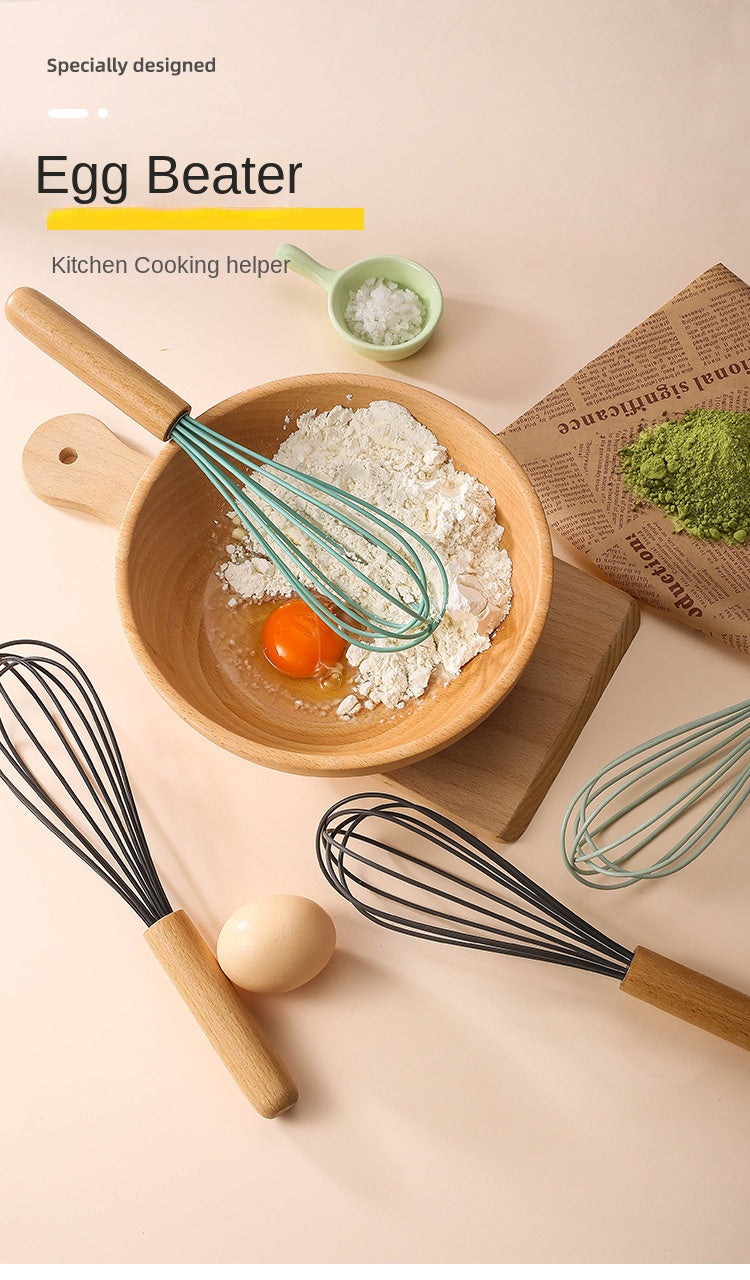 Silicone Manual Egg Beater with Wooden Handle — 10-Inch Non-Scratch Whisk for Baking & Cooking