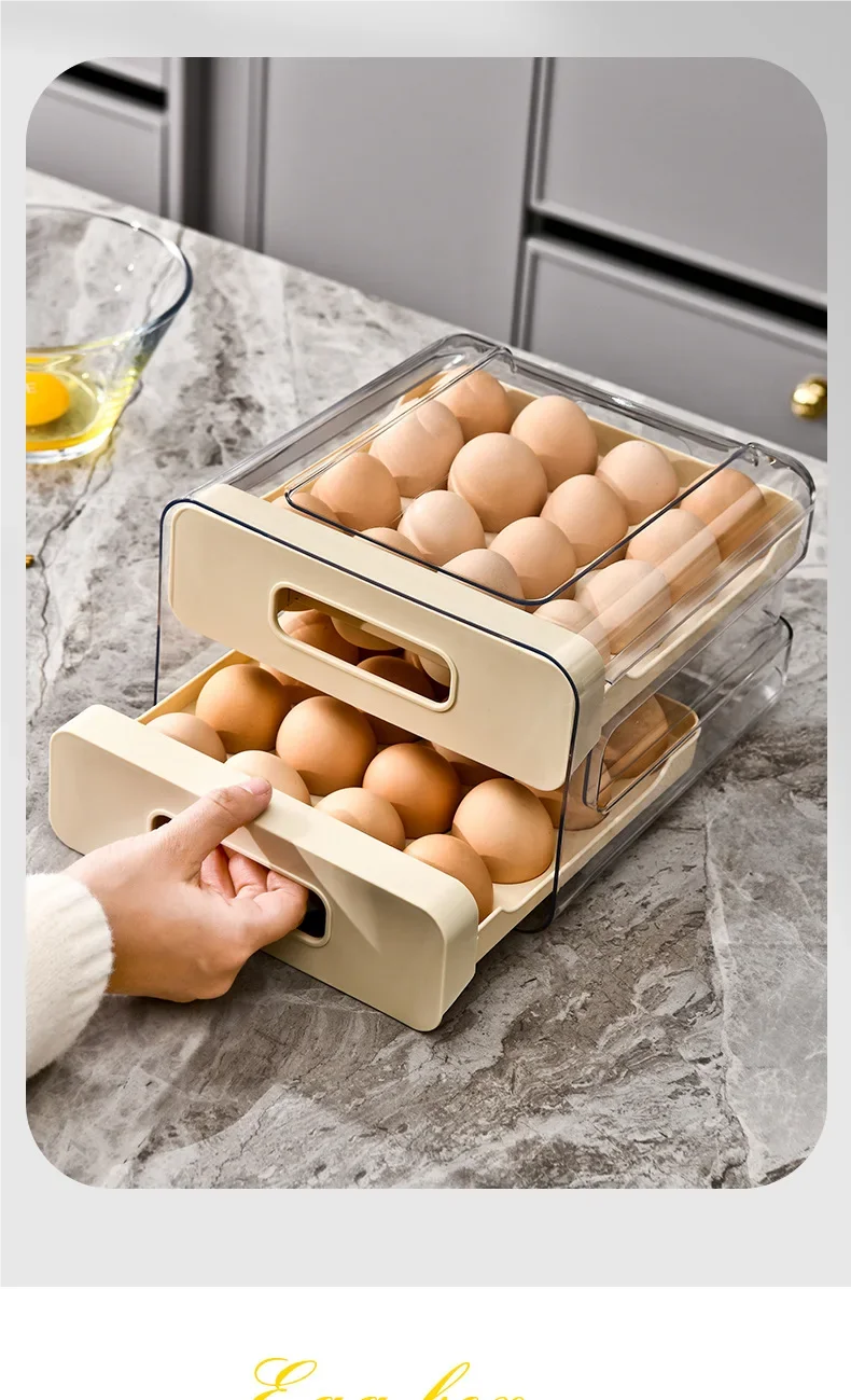 Drawer-Style Refrigerator Egg Organizer — Double Layer, 32 Compartments