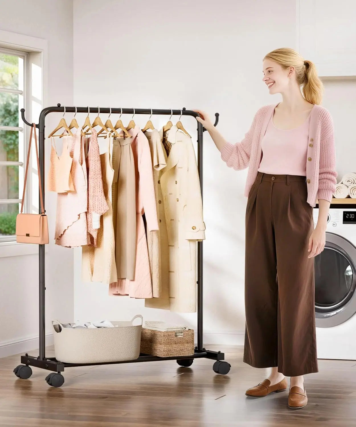 Portable Rolling Clothes Rack with Hooks — 32" Foldable Garment Organizer on Wheels