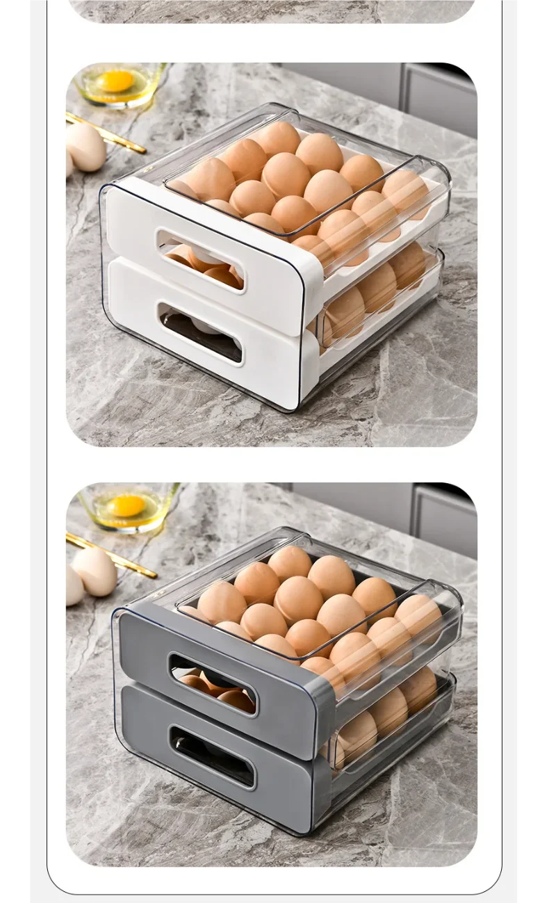 Drawer-Style Refrigerator Egg Organizer — Double Layer, 32 Compartments