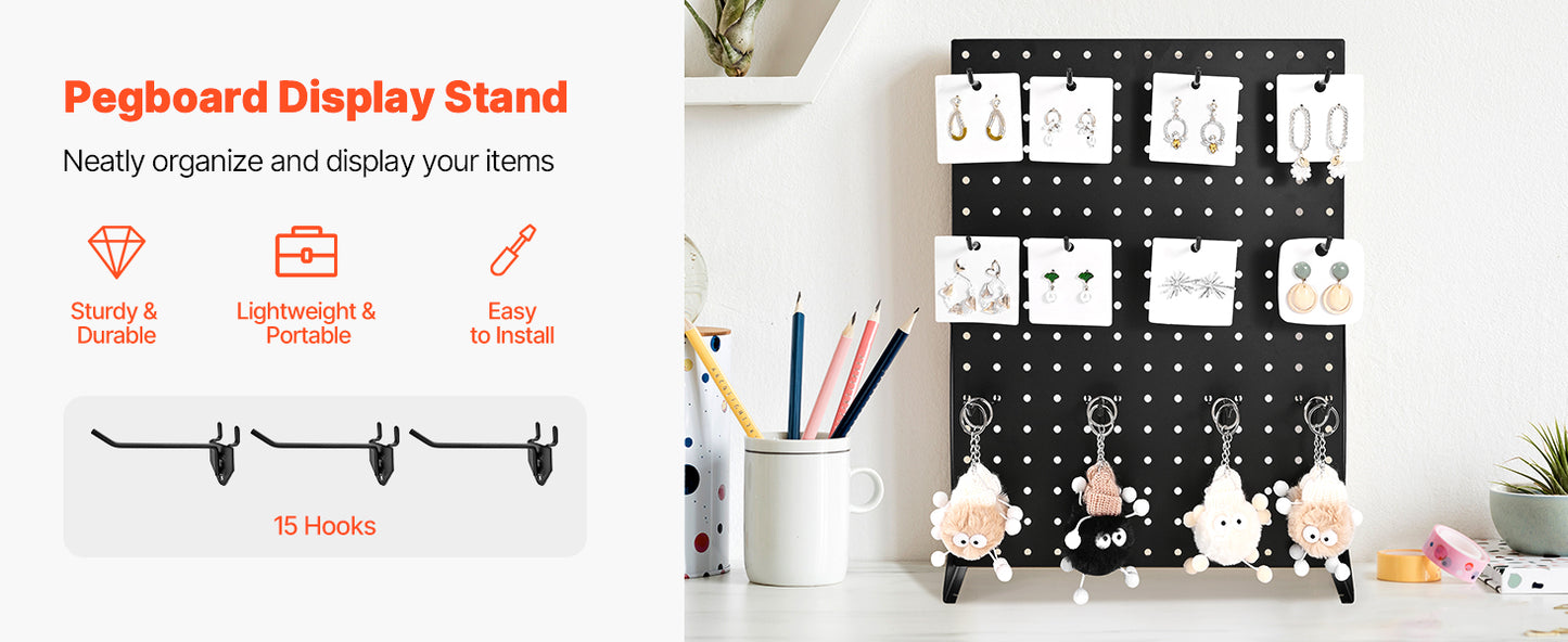 Tabletop Pegboard Display Stand — 17x13in Steel Peg Board with 15 Hooks for Retail & Jewelry