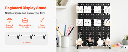 Tabletop Pegboard Display Stand — 17x13in Steel Peg Board with 15 Hooks for Retail & Jewelry