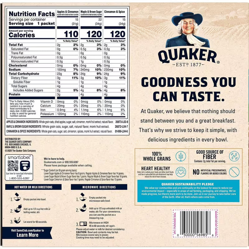 Quaker Lower Sugar Instant Oatmeal, Variety Pack, 1.17 oz., 52 pk. (60.7 oz.)